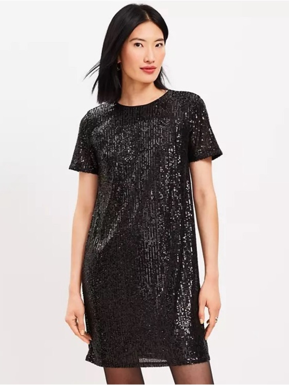 LOFT Black Short-Sleeve Sequin Shift Dress, size S
